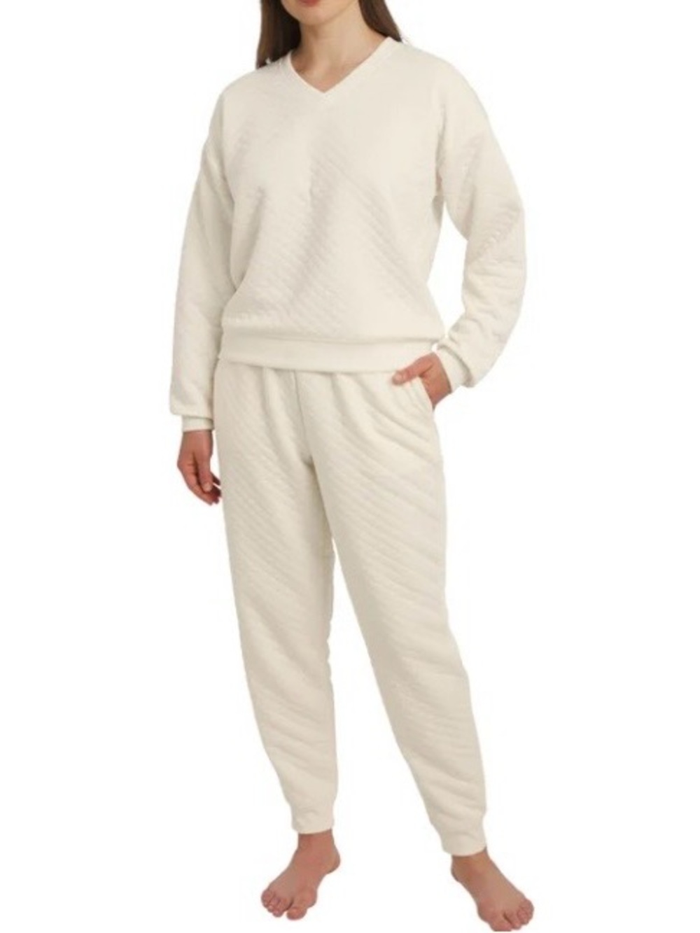 Cozy Quilted V-Neck Sweatshirt & Jogger Set - Cream